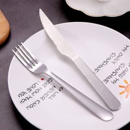 A stainless steel cutlery set featuring a fork and knife on a decorative plate. The cutlery has a polished finish.