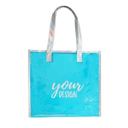 A transparent iridescent handbag in turquoise, featuring silver handles and a logo.