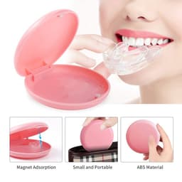 A pink orthodontic retainer case with a clear retainer inside, featuring a magnetic closure for portability.