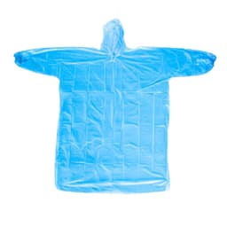 A blue disposable rain poncho with a hood, featuring long sleeves and a loose fit. It has a logo.