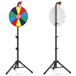 A colourful tabletop spinner wheel mounted on a black tripod stand, featuring a mix of red, blue, green, and yellow sections.