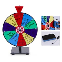 A tabletop spinner wheel featuring vibrant coloured sections with various activity prompts and a black stand.