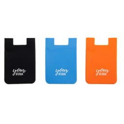 Three adhesive cell phone wallets in black, blue, and orange, each with a logo or branding on the front.