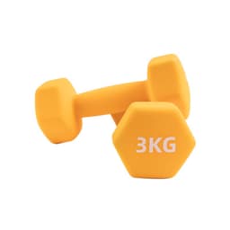 A pair of yellow 3KG hexagonal dumbbells, featuring a smooth surface and a logo.
