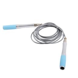 A PVC jump rope with silicone handles, featuring grey rope and light blue handle grips. The product has a logo.