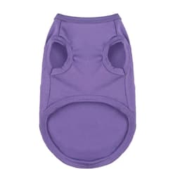 A purple two-legged polyester pet vest with arm openings and a rounded neckline, featuring a logo.