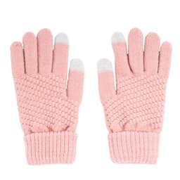 A pair of knitted touch screen gloves in pink, featuring textured patterns and grey tips on the fingers.