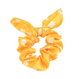 A yellow satin bow hair scrunchie adorned with white daisy patterns, featuring a decorative bow detail.