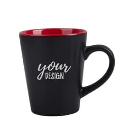 A two-tone ceramic coffee mug featuring a black exterior and a red interior. Includes a logo on the surface.