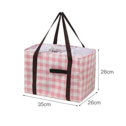 A foldable picnic bag with a pink and white checkered pattern, featuring brown handles and a drawstring closure.