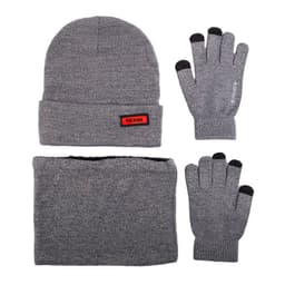 A grey beanie, scarf, and gloves set, featuring a logo, made from soft fabric.