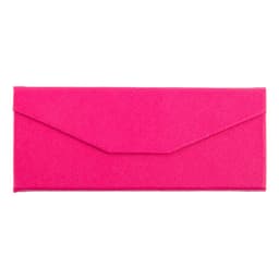 A pink triangular folding glasses case with an envelope-style closure and a textured surface. It features a logo.