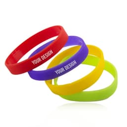 A set of four personalised silicone sport wristbands in red, purple, yellow, and green, featuring a logo.