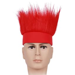 A red wig with spiky hair and a matching headband, displayed on a mannequin head.