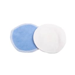 Two reusable makeup remover pads, one blue and one white, shaped in circular and hexagonal forms.