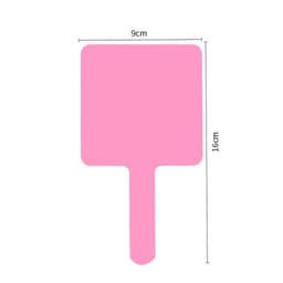 A pink square handle makeup mirror with dimensions of 9cm by 16cm and a simple design. It features a logo.