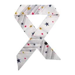 A custom skinny hair scarf featuring a white background with colourful stars in red, yellow, and navy.