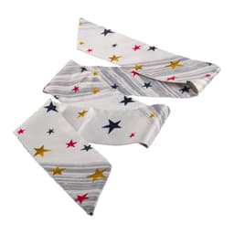 A white skinny hair scarf featuring multicoloured stars in red, gold, and blue. It has a smooth texture and a stylish design.