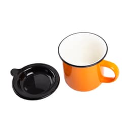 An orange ceramic campfire mug with a black lid and a black base. The mug has a handle and a glossy finish.
