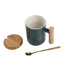 A green ceramic mug with a wood handle, a bamboo lid, and a gold spoon. It has a sleek, modern design.