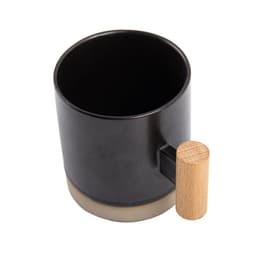 A ceramic mug with a wooden handle and a black finish, featuring a natural wood accent at the handle.