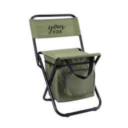 A folding stool chair in olive green with a cooler bag and an exterior pocket, featuring a logo on the backrest.