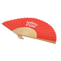 A custom folding hand fan in bright red with wooden accents, featuring a personalised design area.