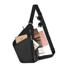 A black sling bag with sunglasses, a phone, a wallet, and a notebook visible in its pockets. Features a logo.