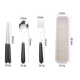 A stainless steel cutlery set in black, including a spoon, fork, and chopsticks, housed in a travel case.