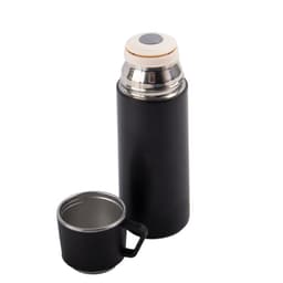 A drink bottle featuring a black double-wall vacuum flask with a silver top and a matching cup.