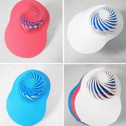 A sun visor featuring a spiral design, available in red, white, and blue colours, with a logo present.