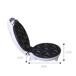 A mini donut maker machine in white, featuring nine circular molds, with measurements indicated for size reference.