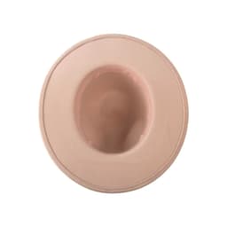 A classic felt fedora hat in a light beige colour, featuring a smooth interior and a simple design.