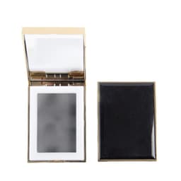 A mini folding makeup mirror with LED light in a sleek gold and black design, featuring a compact, slim profile.