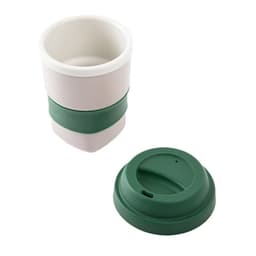 A reusable 10 oz coffee cup in white with a green silicone lid and band. Features a logo on the cup.