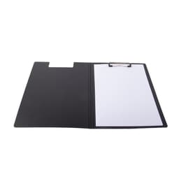 A black foldable clipboard with a clip and a blank A4 pad inside, featuring a smooth finish.