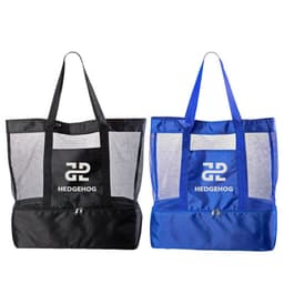 A large custom mesh beach bag in black and blue, featuring a logo on the front and zippered compartments.