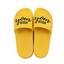 A pair of yellow customised PVC sports slippers featuring a wide strap and a logo.