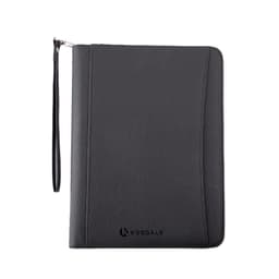 A black portable leather zipper portfolio featuring a wrist strap and a logo.