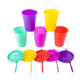 A set of plastic tumblers in purple, yellow, red, and turquoise, with matching lids and straws.