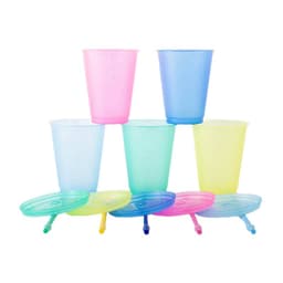 A set of pastel-coloured 16 oz. travel cups with lids and straws, stacked in a playful arrangement.