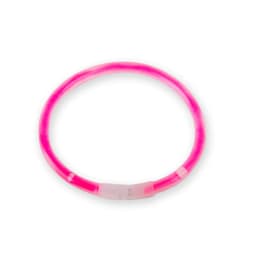 A pink glow stick bracelet featuring a connector to secure its ends. It has a smooth, luminous design.
