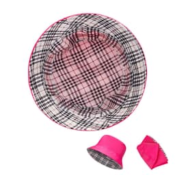 A pink double-sided bucket hat featuring a checkered pattern on one side and solid pink on the other. It has a logo.