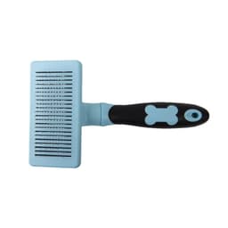A blue self-cleaning pet slicker brush with a black handle featuring a bone-shaped design.