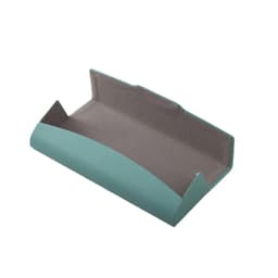 A foldable glasses case in teal with a textured interior, suitable for storing eyewear. Features a logo.