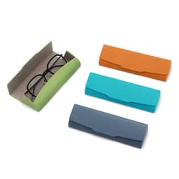 A foldable glasses case set in green, orange, turquoise, and navy, housing a pair of glasses inside one case.
