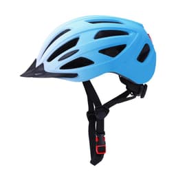 A lightweight blue bike helmet with ventilation slots and a rear light, featuring an adjustable chin strap and a logo.