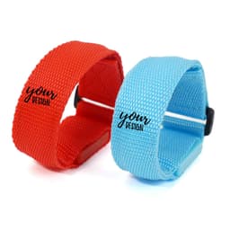A red and a blue adjustable nylon LED bracelet, featuring a placeholder for custom design, displayed side by side.