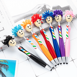 A set of colourful ballpoint pens with mop head styluses, featuring various hair colours and smiling faces.