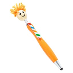 A whimsical orange ballpoint pen with a mop head topper and a smiling face, featuring a striped tie design.